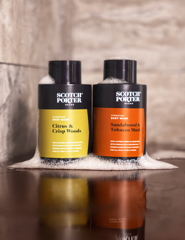 Couple of Scotch Porter bottles in the bathroom's ground